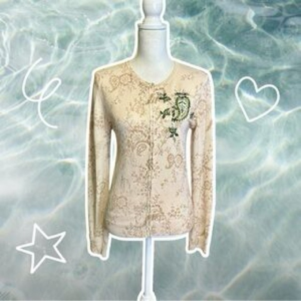 Y2K Limited Too Sequin Embroidered Paisley Beige Cardigan Medium Vintage